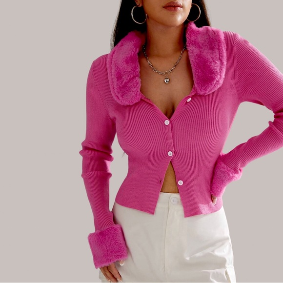 Vintage Sweaters - Faux Fur Cropped Hot Pink Cardigan Sz. Small